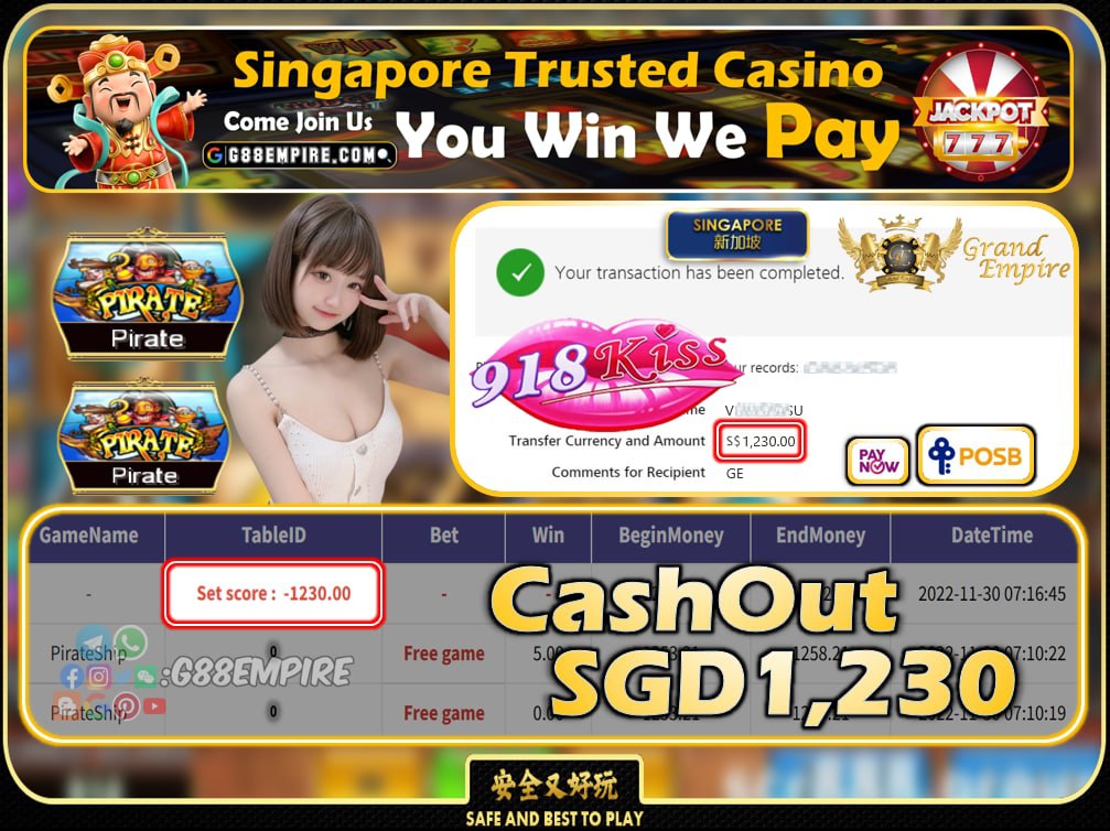 918KISS ~ PIRATESHIP CASHOUT SGD1230 !!!