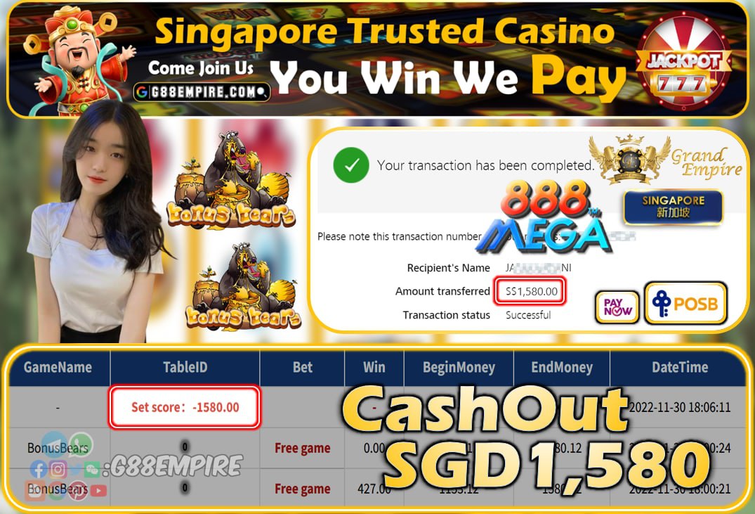 MEGA888 ~ BONUSBEARS CASHOUT SGD1580!!!