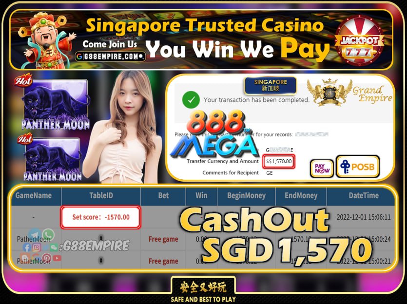 MEGA888 ~ PANTHERMOON CASHOUT SGD1570 !!!