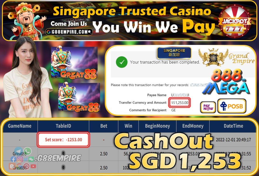 MEGA888 ~ GREAT88 CASHOUT SGD1253!!!