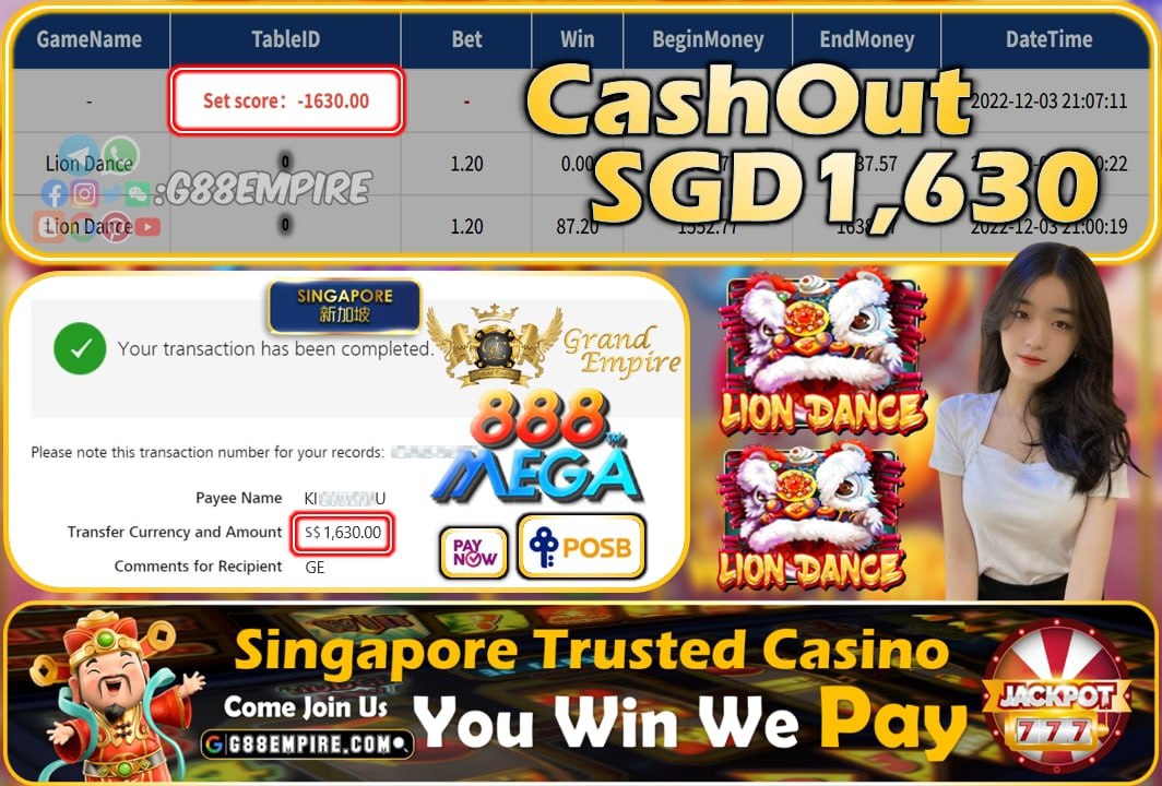 MEGA888 ~ LION DANCE CASHOUT SGD1630!!!