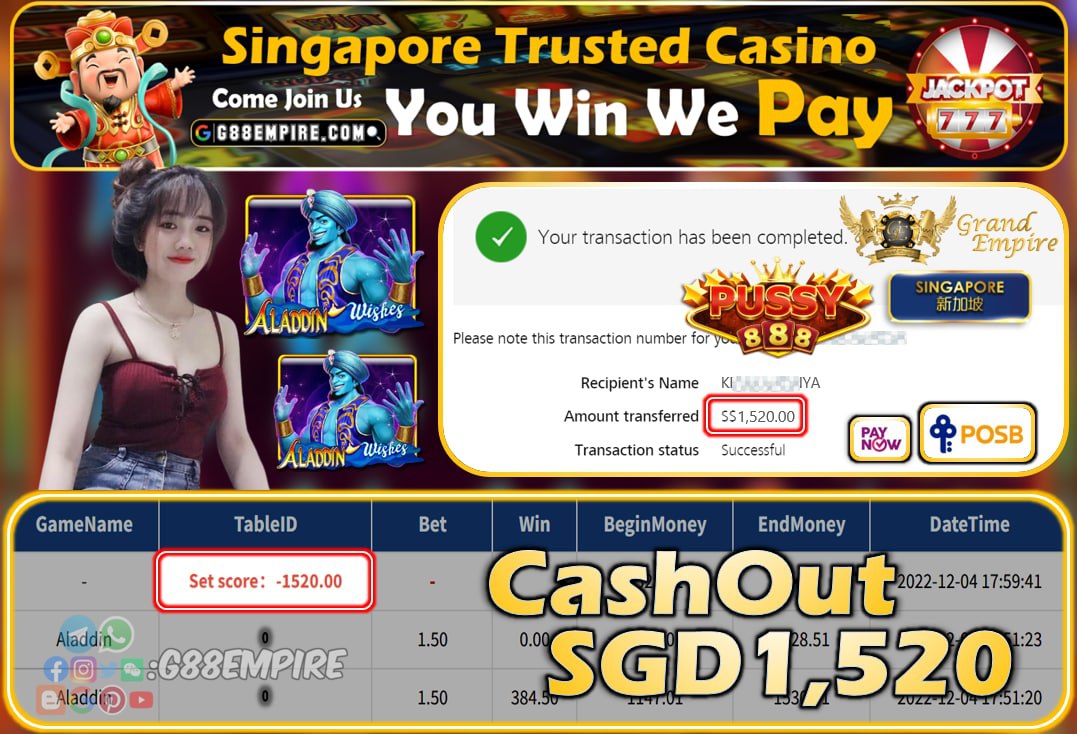 PUSSY888 ~ ALADDIN CASHOUT SGD1520!!!