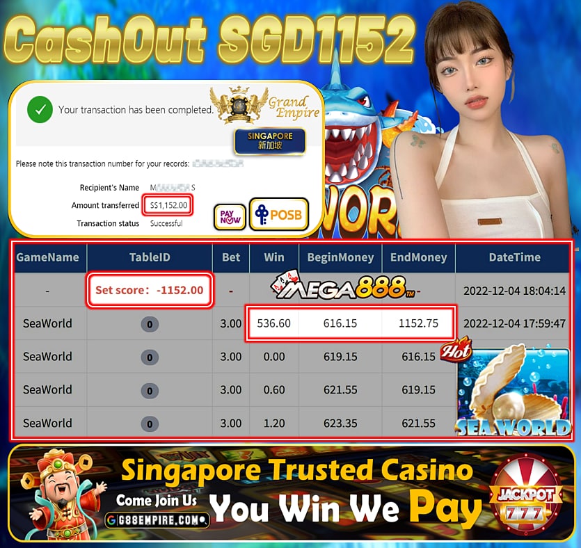 MEGA888 ~ SEAWORLD CASHOUT SGD1152!!!