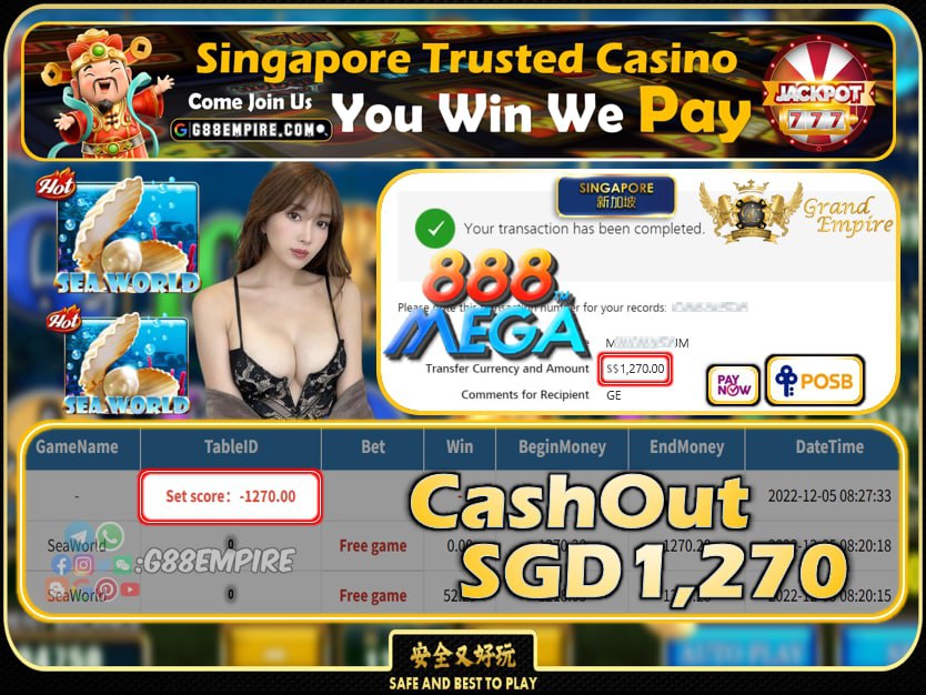 MEGA888 ~ SEAWORLD CASHOUT SGD1270 !!!