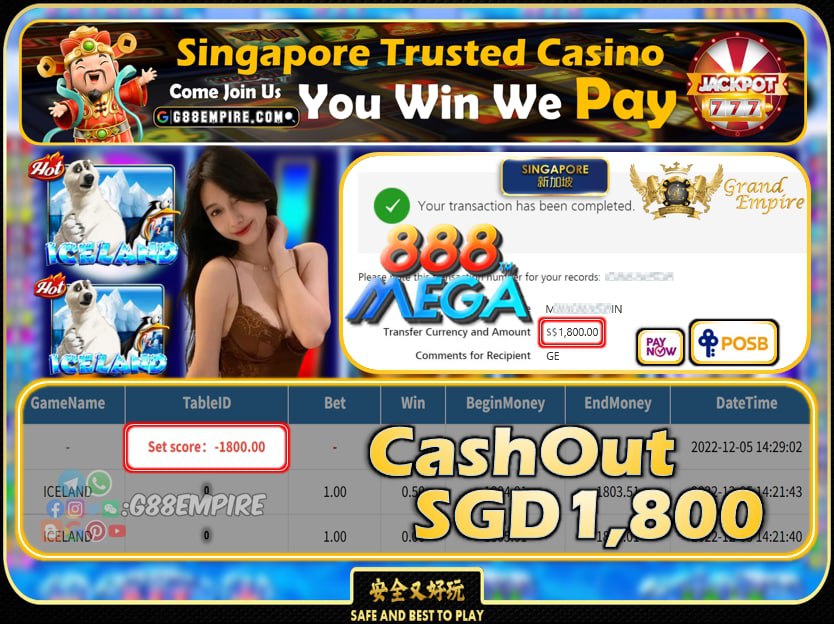 MEGA888 ~ ICELAND CASHOUT SGD1800 !!!