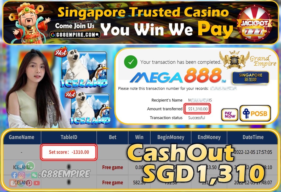 MEGA888 ~ ICELAND CASHOUT SGD1310!!!