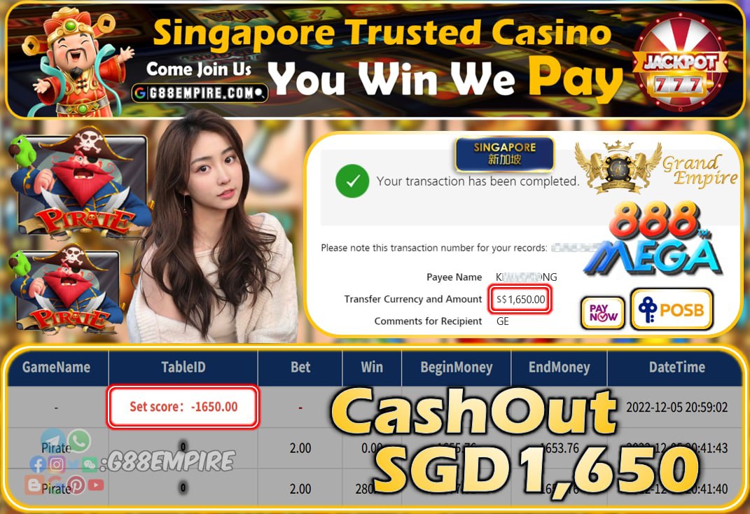 MEGA888 ~ PIRATE CASHOUT SGD1650!!!