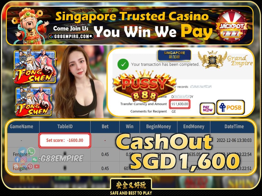 PUSSY888 ~ FONGSHEN CASHOUT SGD1600 !!!