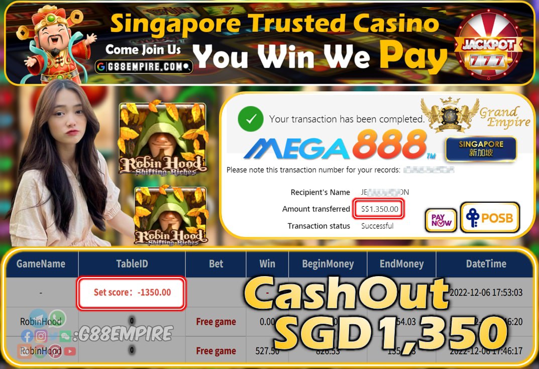 MEGA888 ~ ROBINHOOD CASHOUT SGD1350!!!