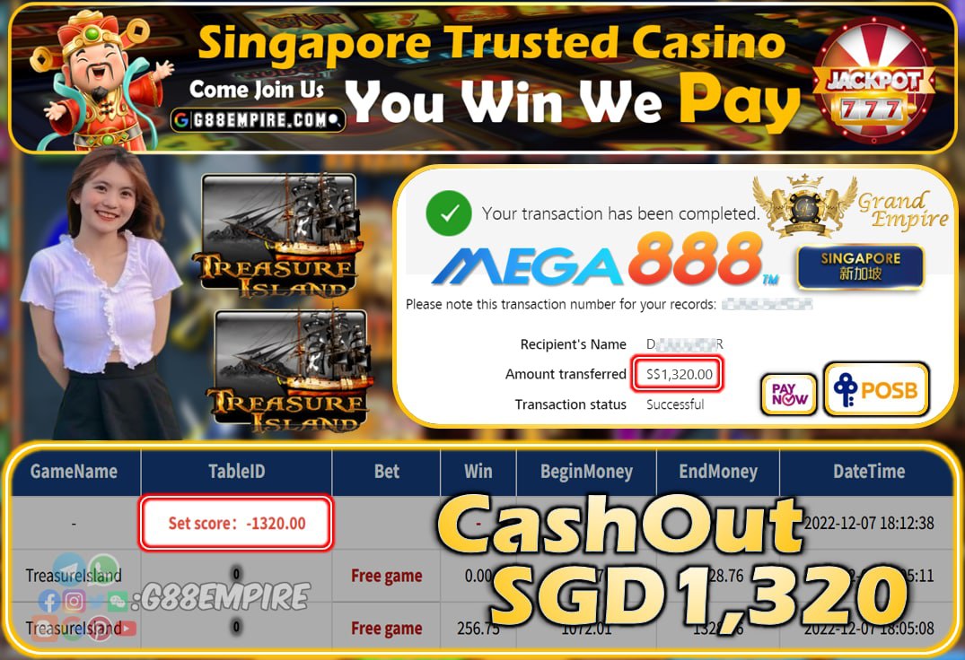 MEGA888 ~ TREASUREISLAND CASHOUT SGD1320!!!