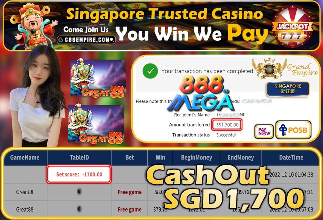 MEGA888 ~ GREAT88 CASHOUT SGD1700!!!