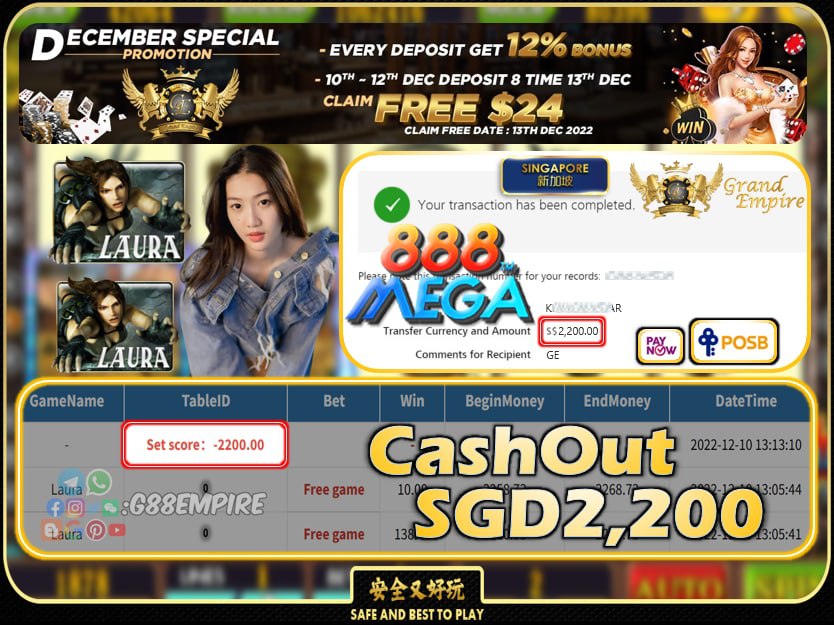 MEGA888 ~ LAURA CASHOUT SGD2200 !!!