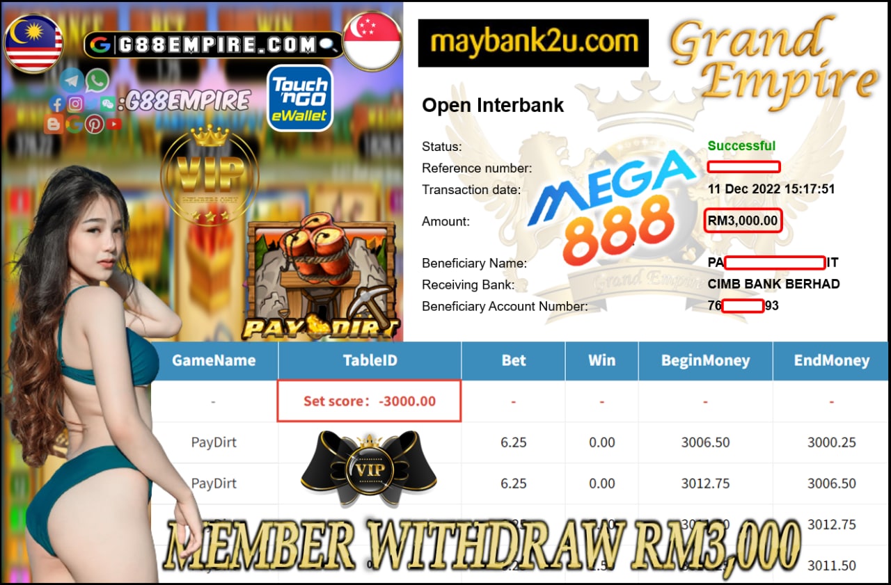 MEGA888 - PAYDIRT CUCI RM3,000