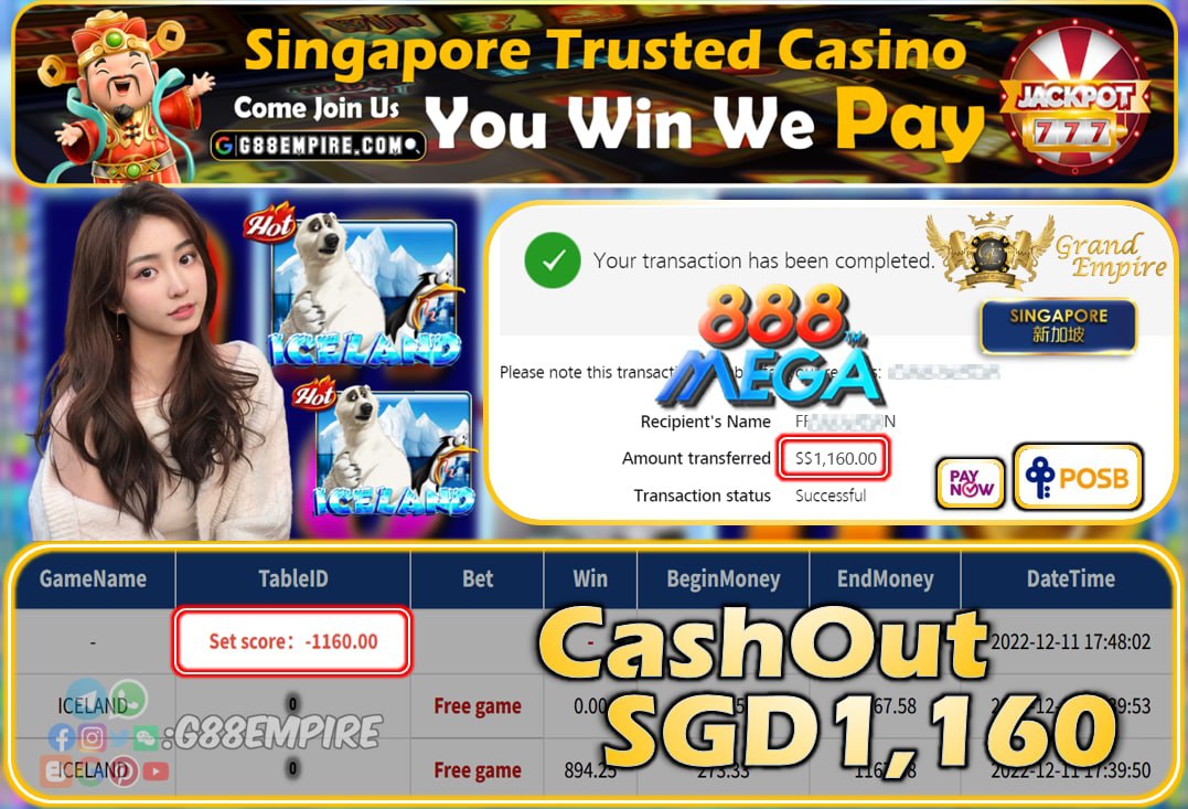 MEGA888 ~ ICELAND CASHOUT SGD1160!!!