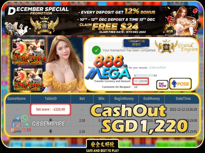 MEGA888 ~ JAPAN CASHOUT SGD1,220 !!!