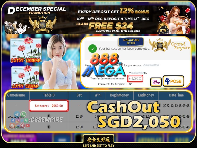 MEGA888 ~ LOTUSLEGEND CASHOUT SGD2,050 !!!