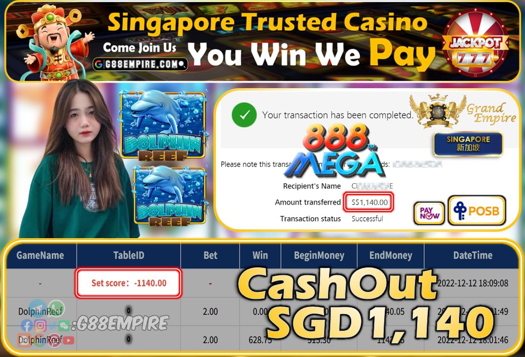 MEGA888 ~ DOLPHINREEF CASHOUT SGD1140!!!