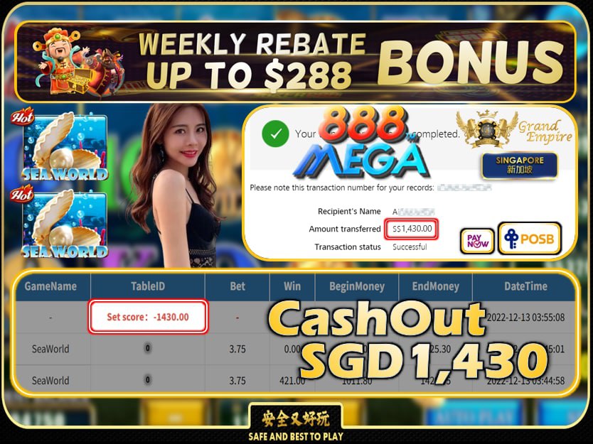 MEGA888 ~ SEAWORLD CASHOUT SGD1430!!!