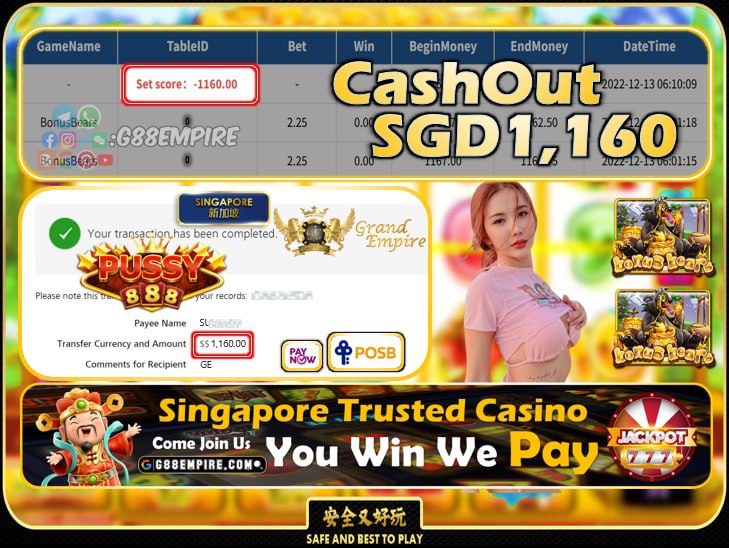 PUSSY888 ~ BONUS BEARS CASHOUT SGD1160!!!