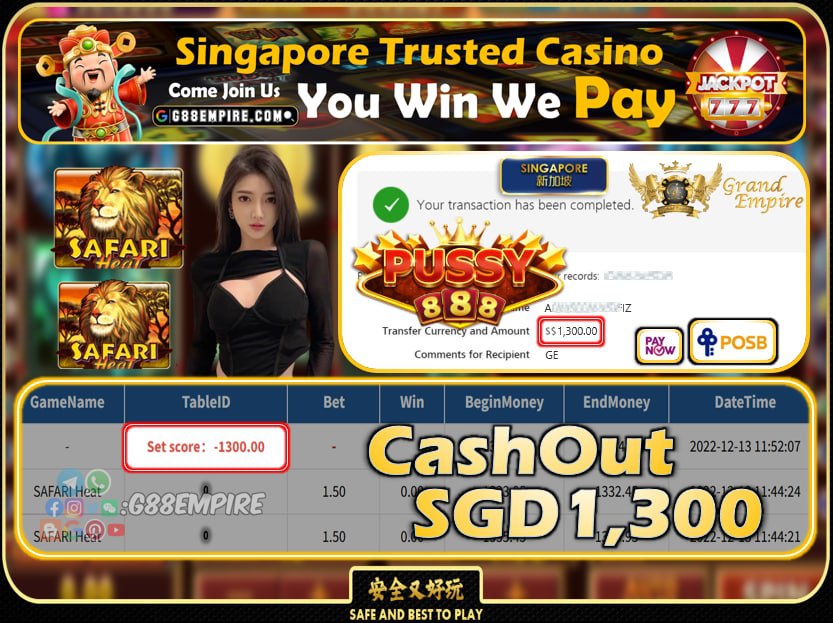 PUSSY888 ~ SAFARI HEAT CASHOUT SGD1300 !!!