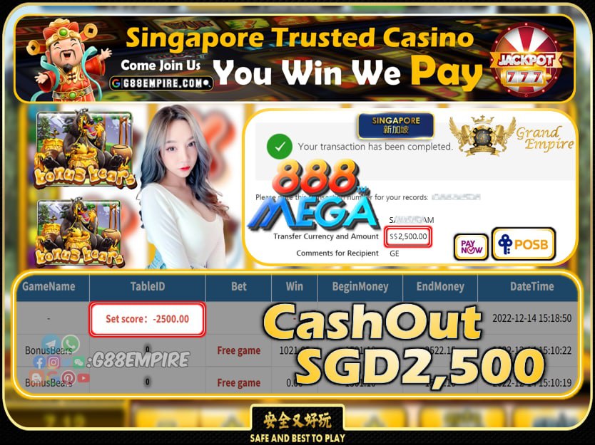 MEGA888 ~ BONUSBEARS CASHOUT SGD2500 !!!