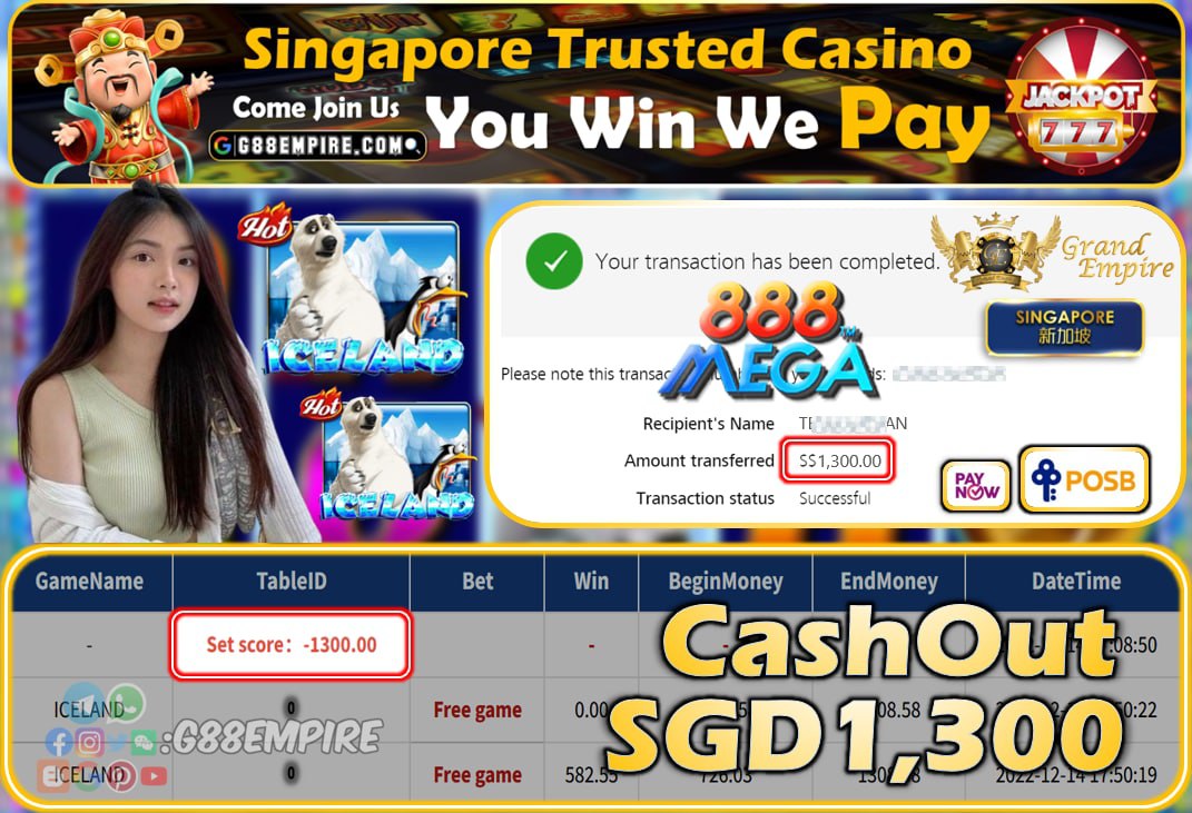 MEGA888 ~ ICELAND CASHOUT SGD1300!!!