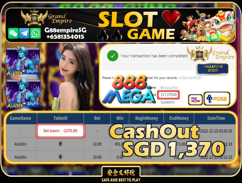 MEGA888 ~ ALADDIN CASHOUT SGD1,370!!!