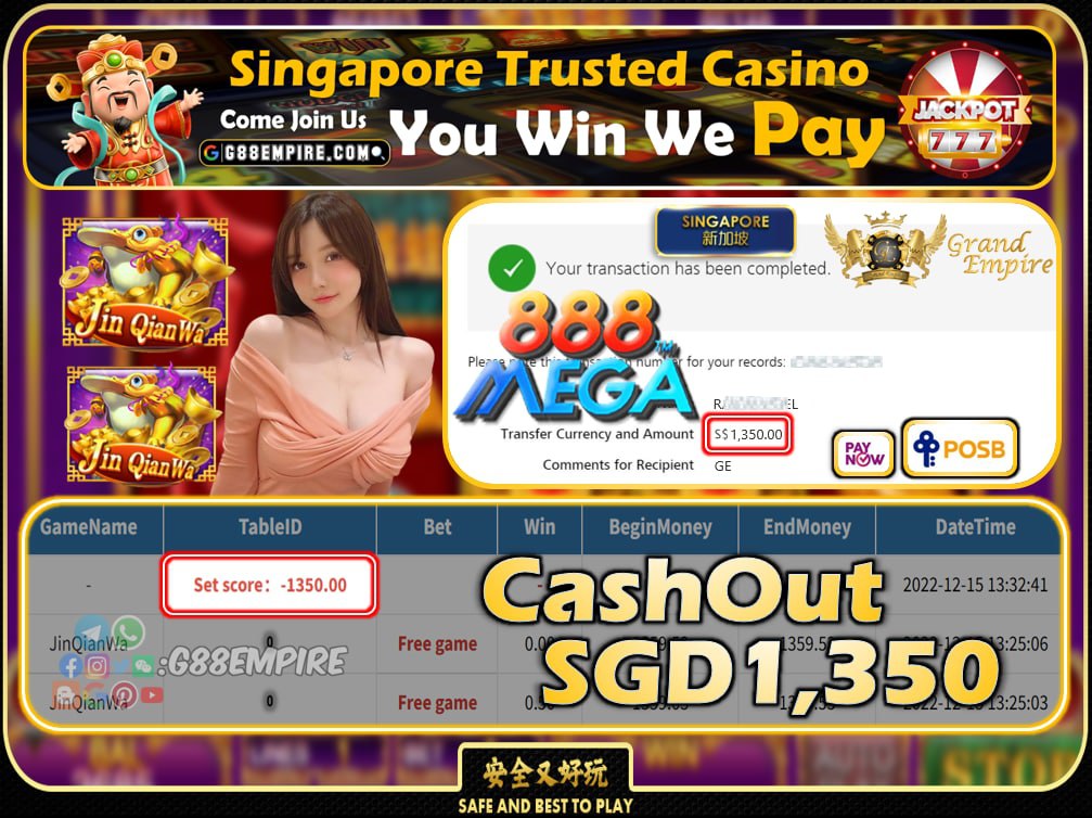 MEGA888 ~ JINQIANWA CASHOUT SGD1350 !!!