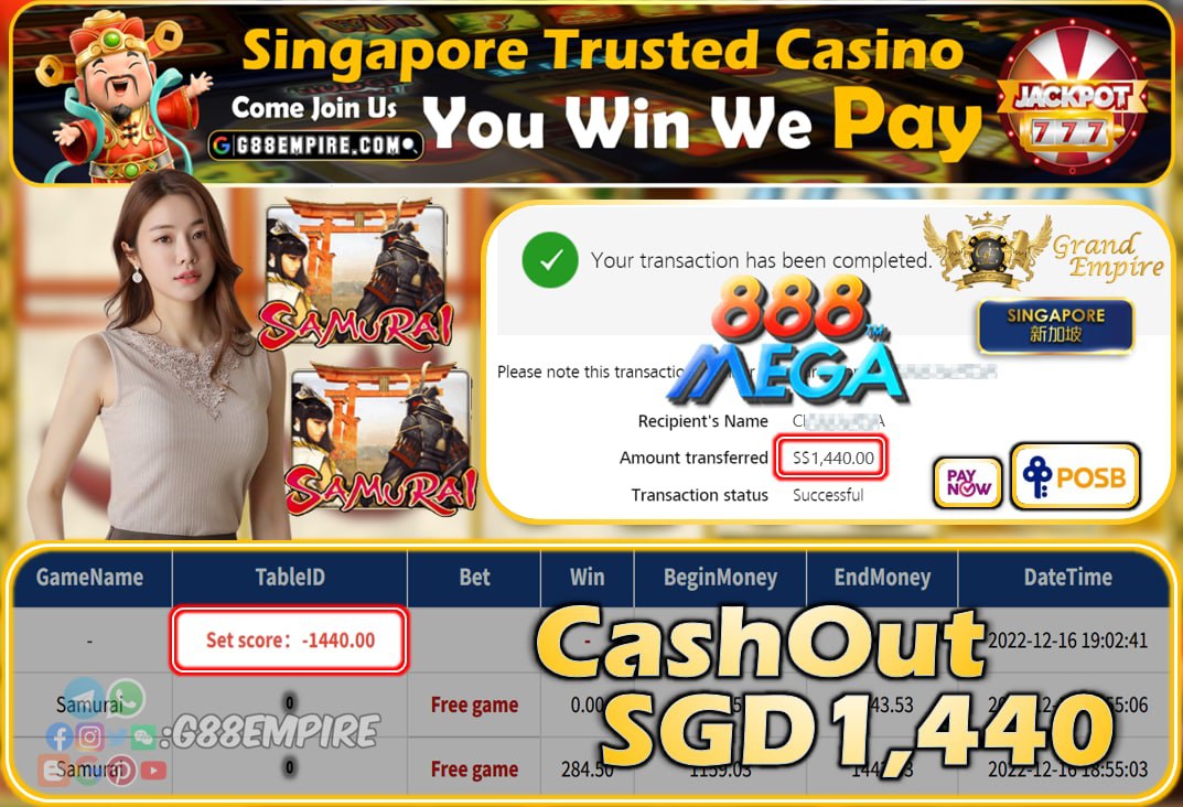 MEGA888 ~ SAMURAI CASHOUT SGD1440!!!