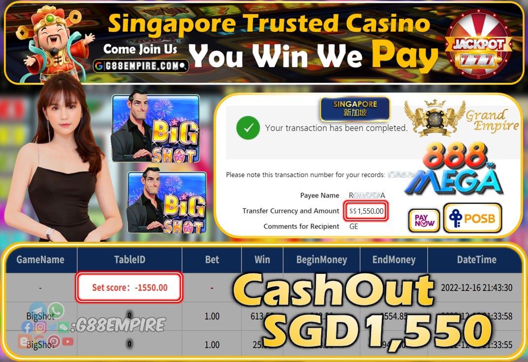 MEGA888 ~ BIGSHOT CASHOUT SGD1550!!!