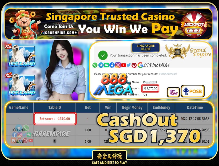 MEGA888 ~ ICELAND CASHOUT SGD1370!!!