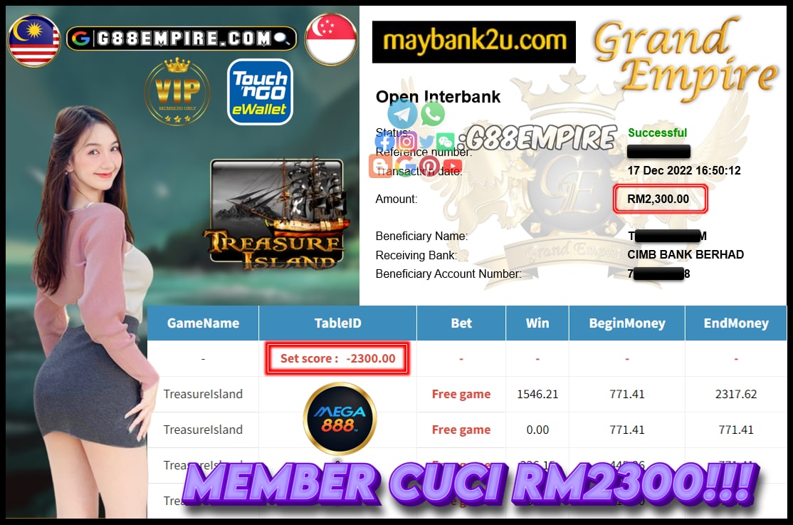 MEGA888 TREASUREISLAND CUCI RM2300!!!