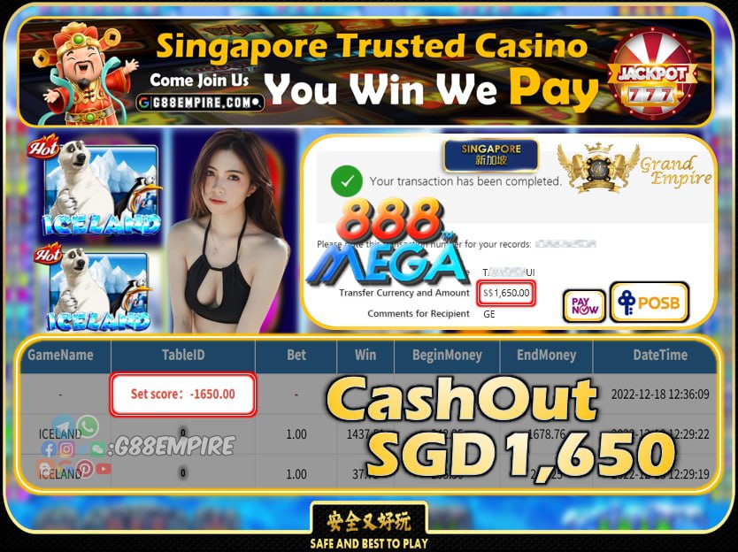 MEGA888 ~ ICELAND CASHOUT SGD1650 !!!