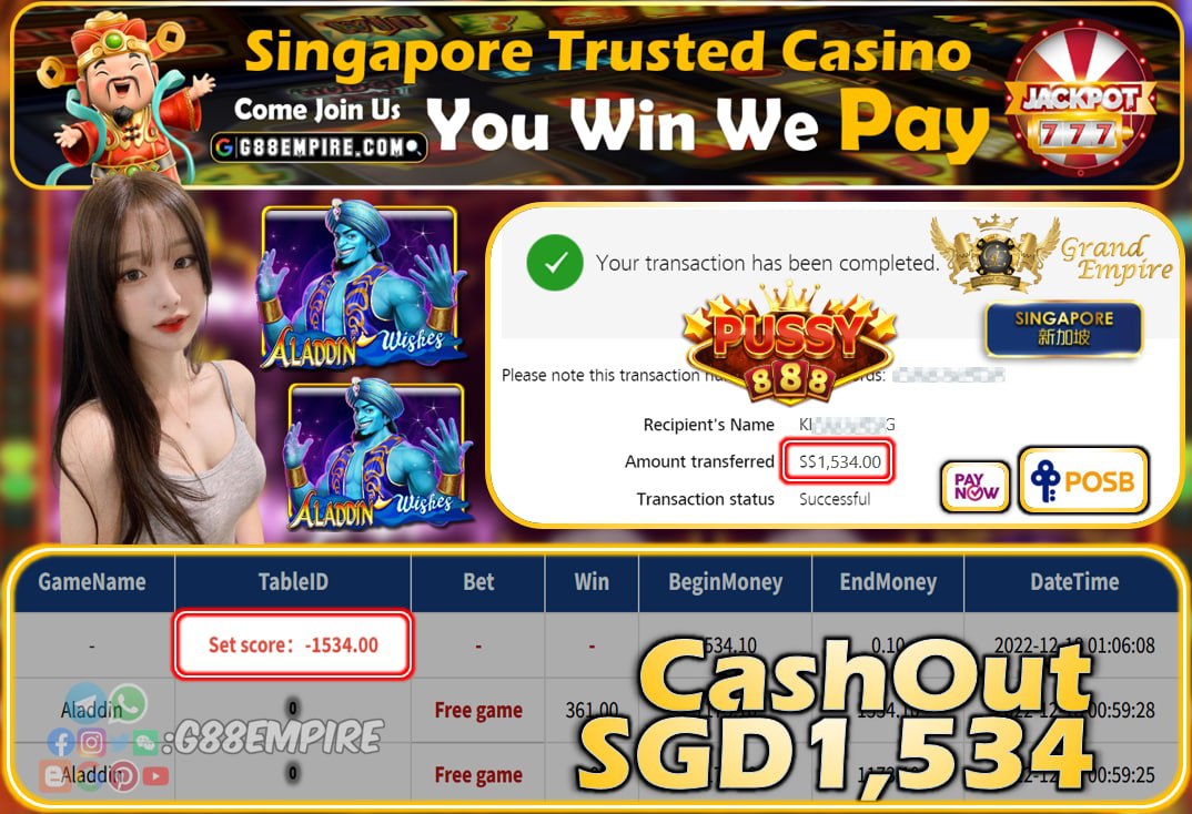 PUSSY888 ~ ALADDIN CASHOUT SGD1534!!!