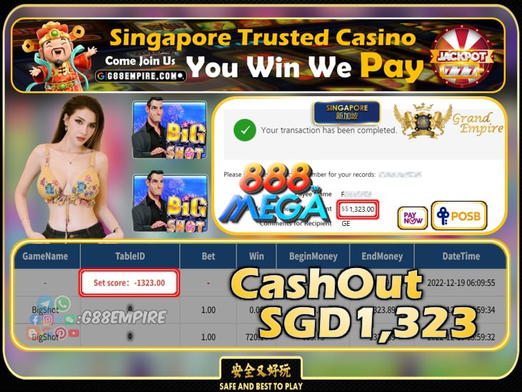 MEGA888 ~ BIGSHOT CASHOUT SGD1323!!!