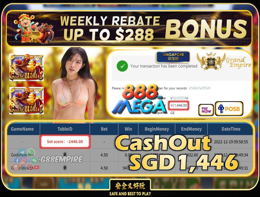 MEGA888 ~ GODOFWEALTH CASHOUT SGD1446!!!