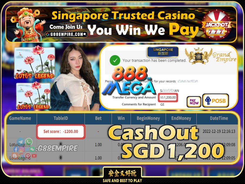 MEGA888 ~ LOTUSLEGEND CASHOUT SGD1200 !!!