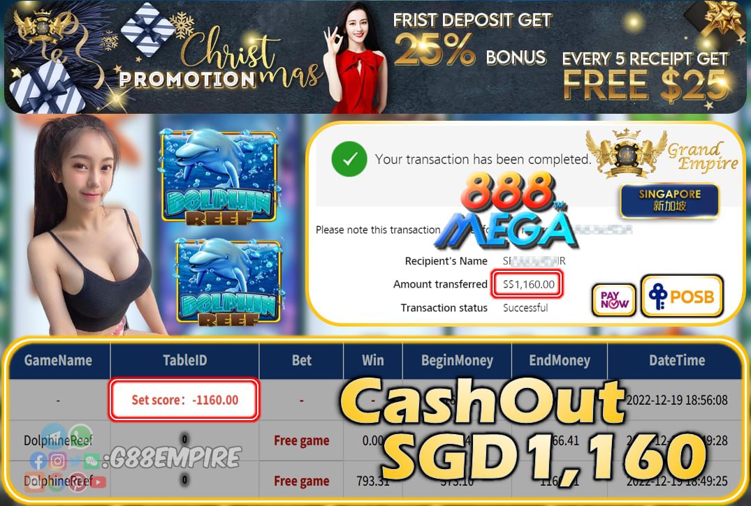 MEGA888 ~ DOLPHINEREEF CASHOUT SGD1160!!!