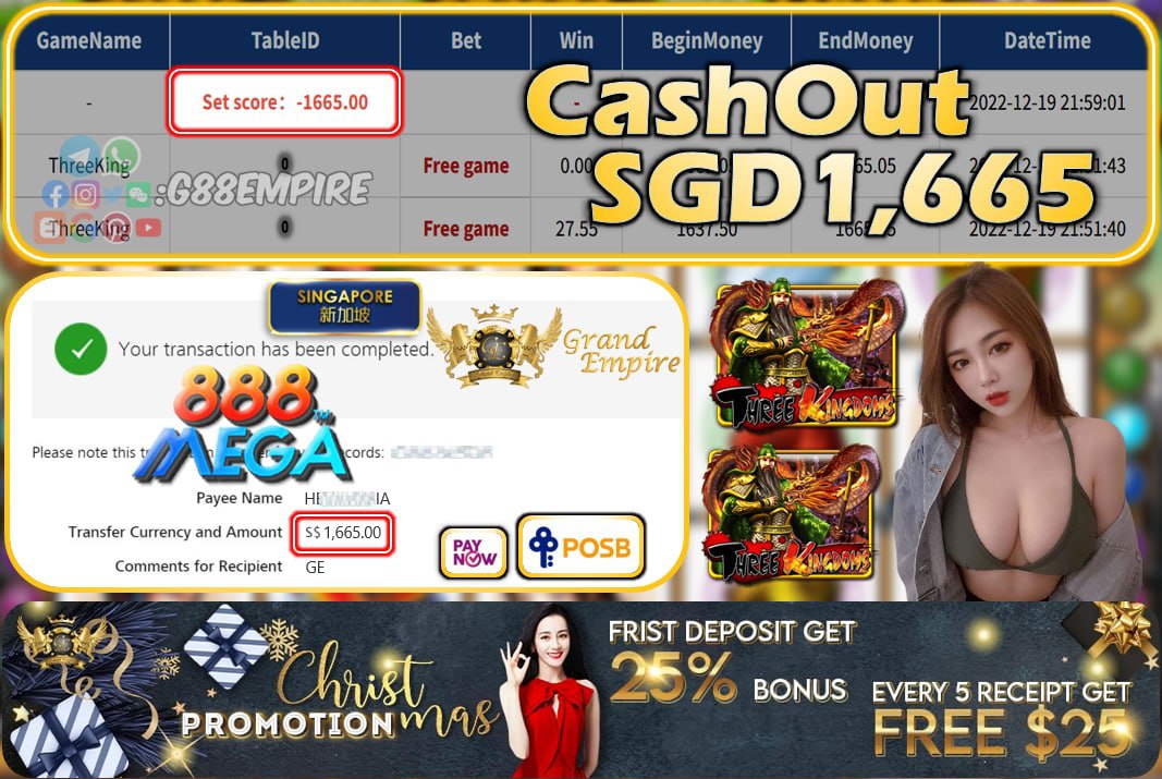 MEGA888 ~ THREEKING CASHOUT SGD1665!!!