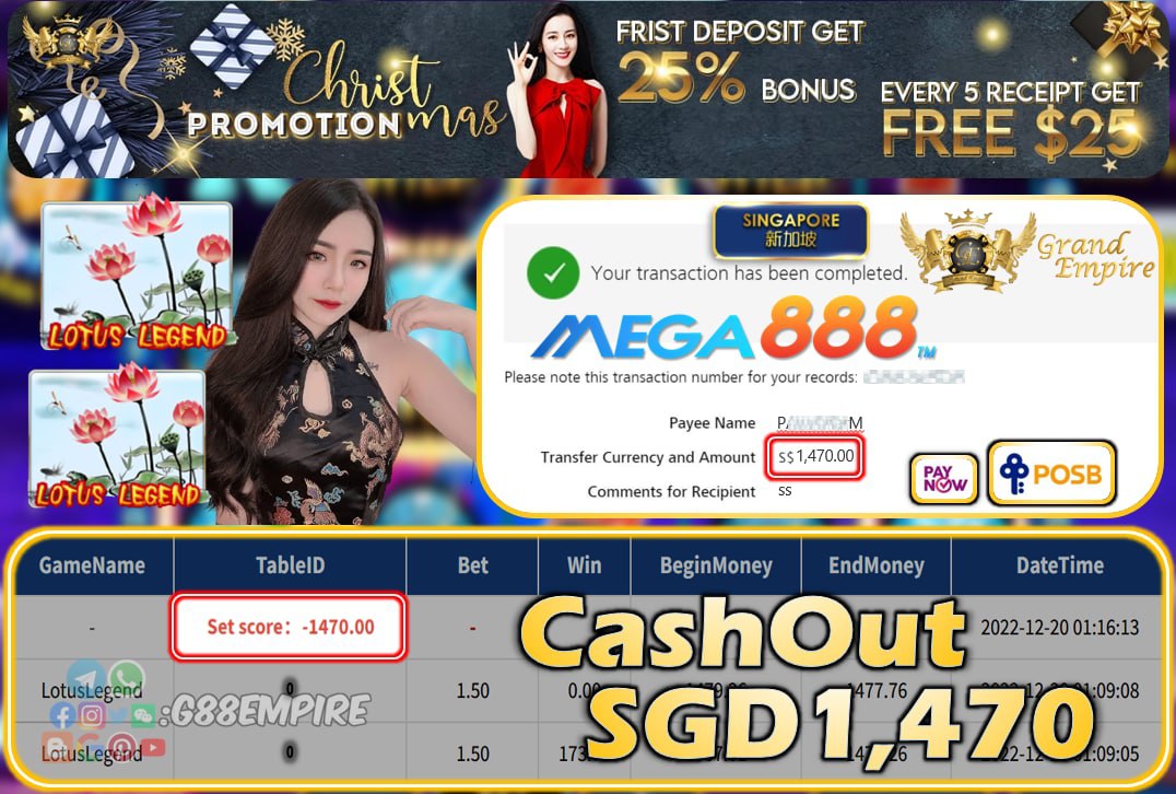 MEGA888 ~ LOTUSLEGEND CASHOUT SGD1470!!!