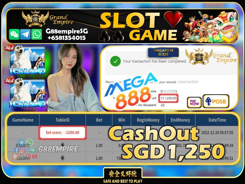 MEGA888 ~ ICELAND CASHOUT SGD1250!!!