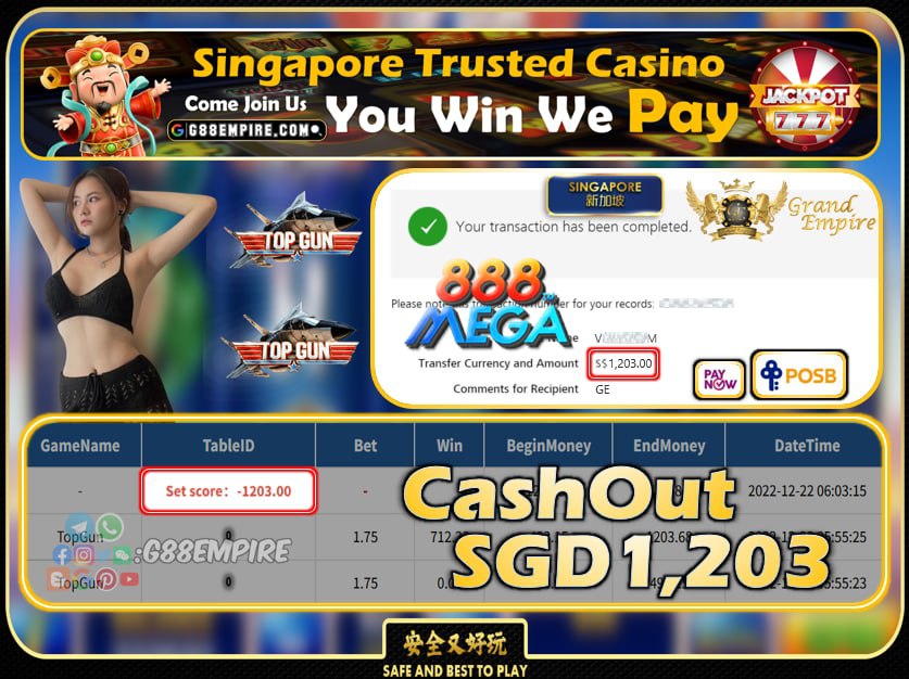 MEGA888 ~ TOPGUN CASHOUT SGD1203!!!