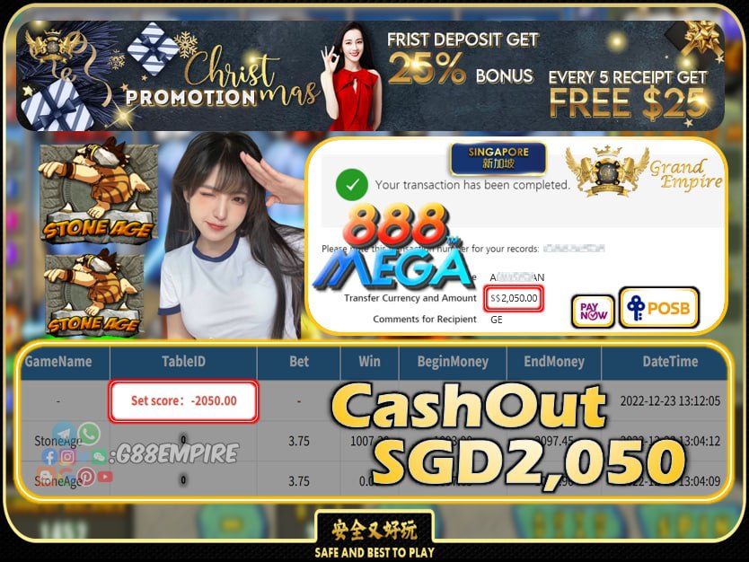 MEGA888 ~ STONEAGE CASHOUT SGD2050 !!!