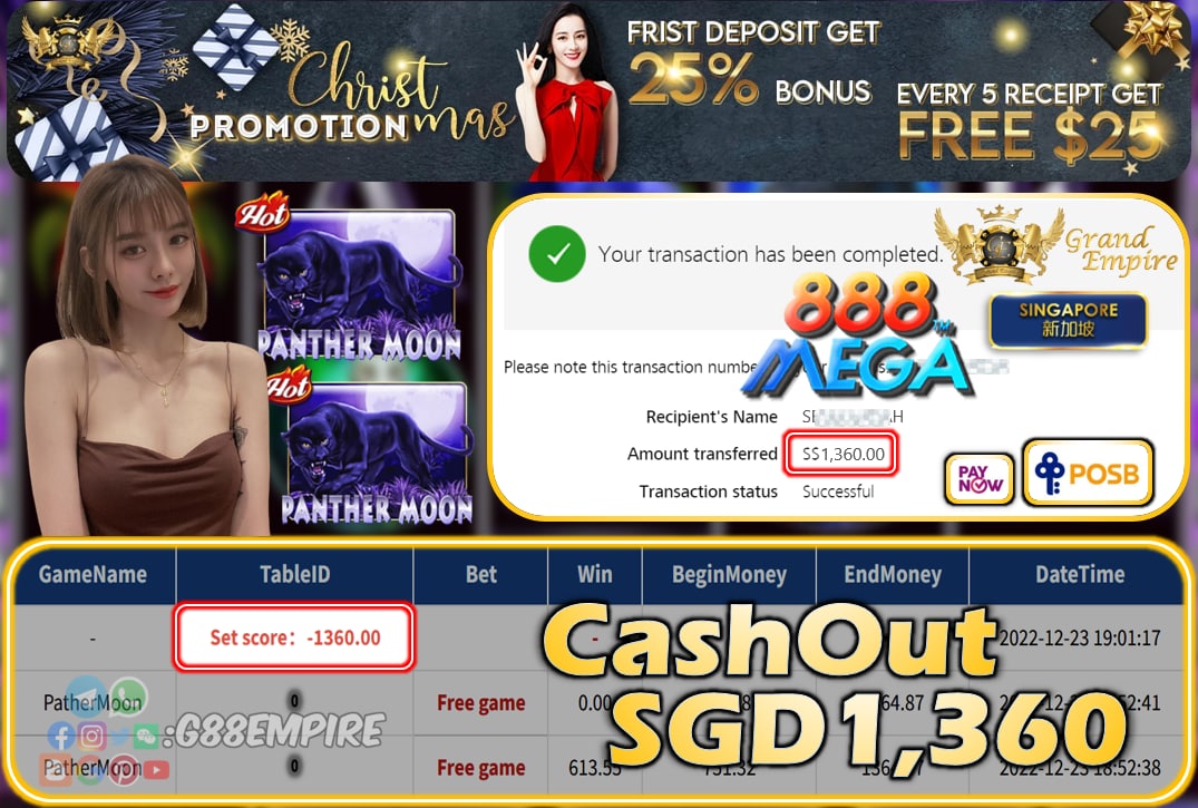 MEGA888 ~ PATHERMOON CASHOUT SGD1360!!!