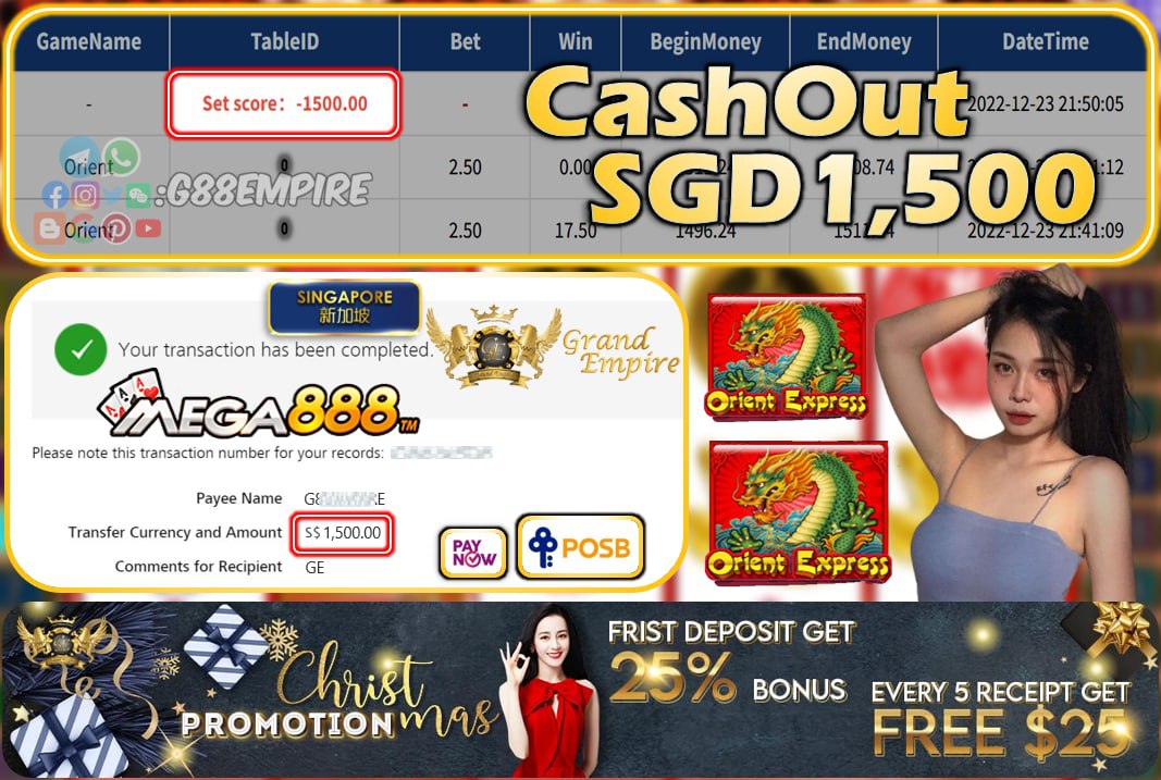 MEGA888 ~ ORIENT CASHOUT SGD1500!!!