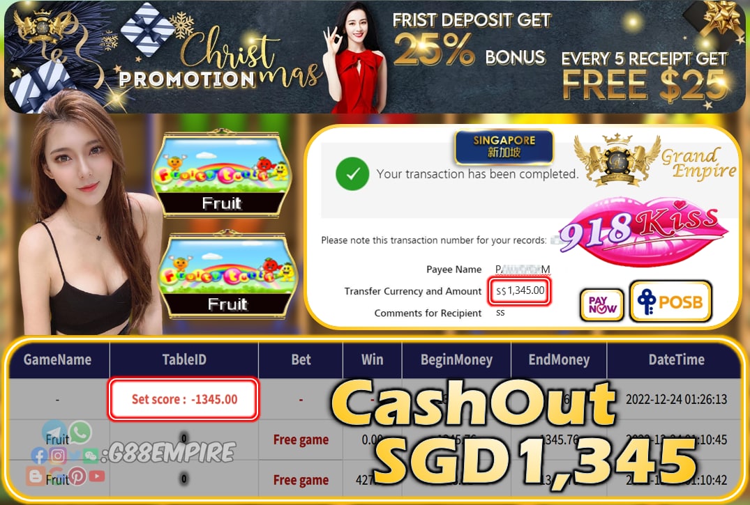 918KISS ~ FRUIT CASHOUT SGD1345!!!