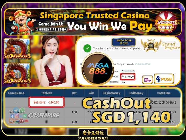 MEGA888 ~ FIVEDRAGONS CASHOUT SGD1140!!!