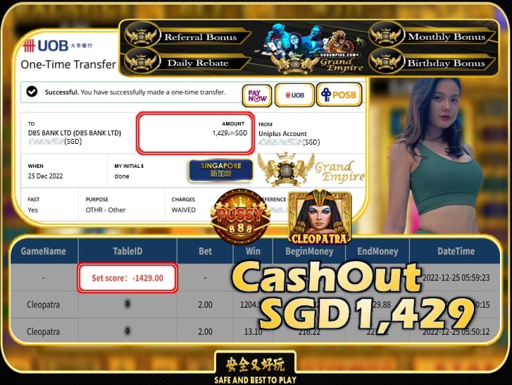 PUSSY888 ~ CLEOPATRA CASHOUT SGD1429 !!!