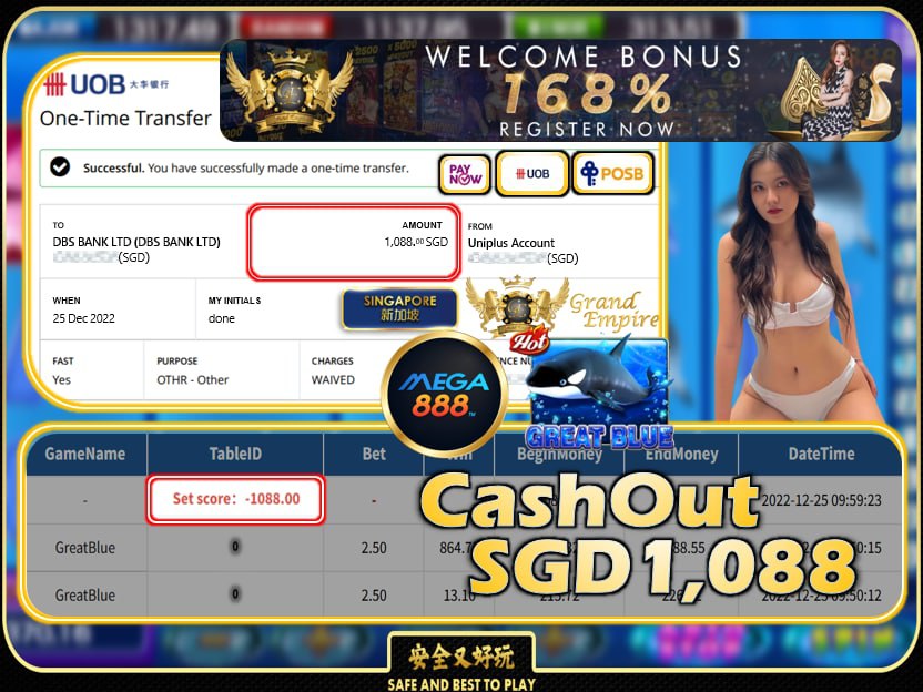 MEGA888 ~ GREAT BLUE CASHOUT SGD1088 !!!