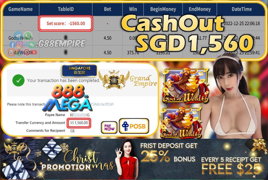 MEGA888 ~ GODOFWEALTH CASHOUT SGD1560!!!